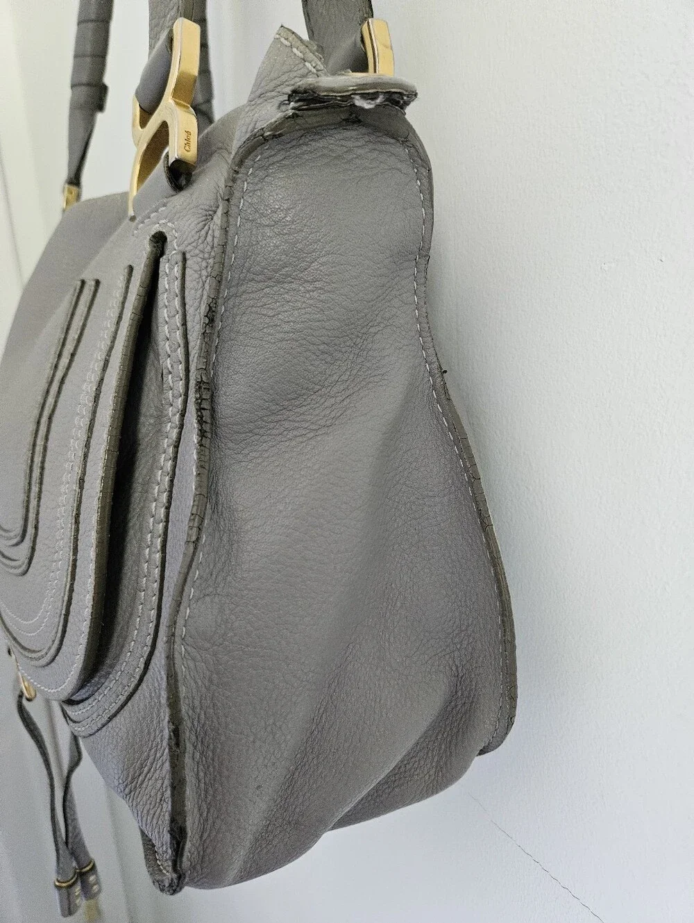 Chloe Marcie Medium Gray Grained Leather Double Carry Satchel